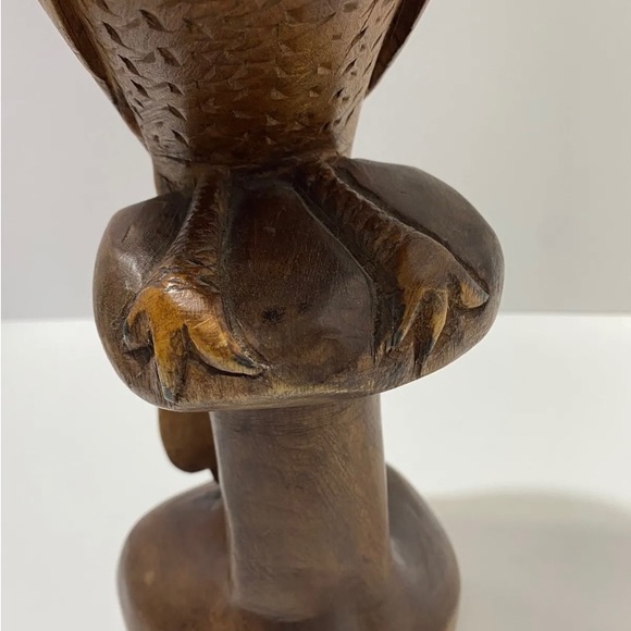 Hand-Carved Wooden Bird Sculpture 14.5" Tribal Style Hawk Figurine Decor - Picture 9 of 10